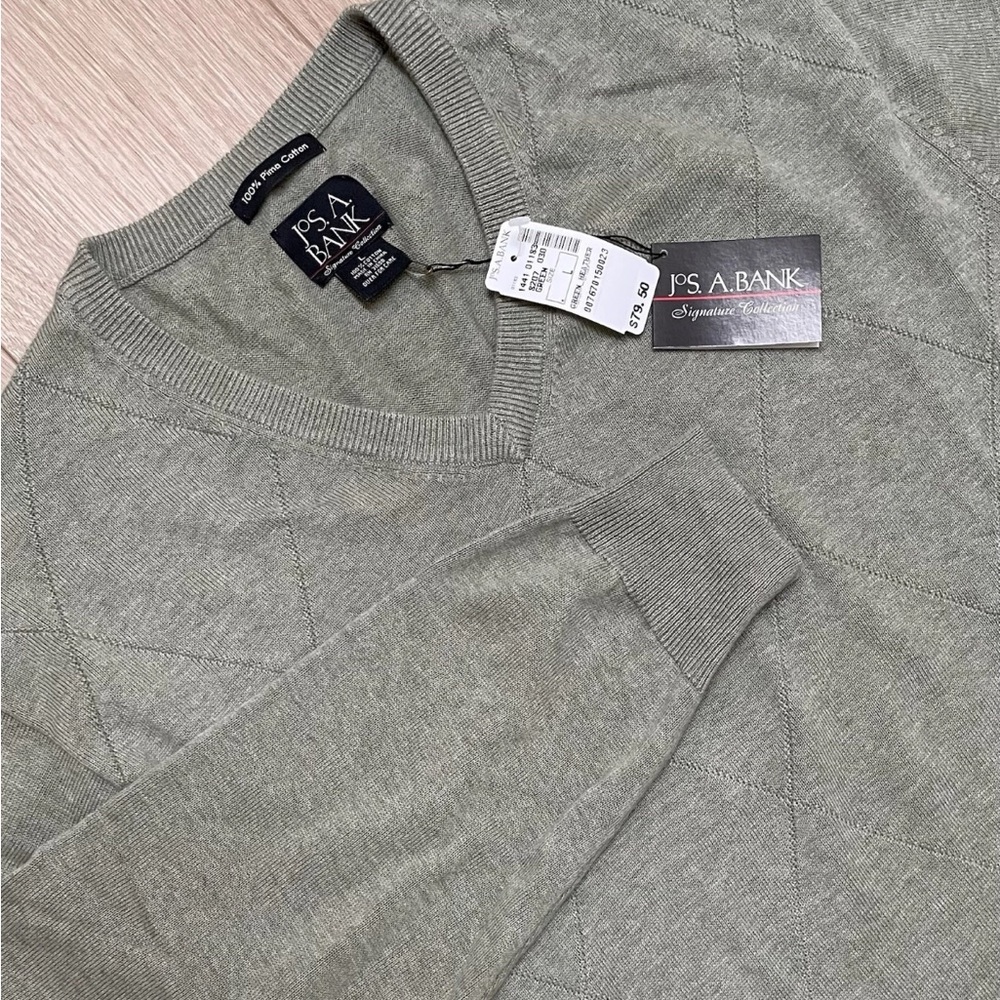 Jos A Bank Sweater Mens Large Green V-Neck 100% Pima Cotton Pullover Signature